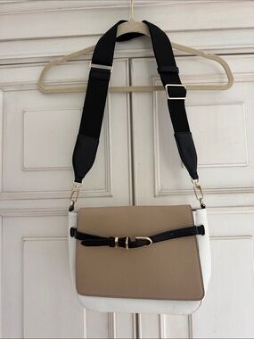 DKNY Structured Two-Tone Crossbody Bag in Beige and White with Black Strap